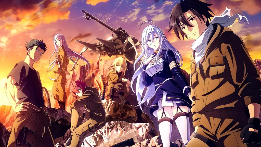 A group of six anime characters standing together in a rocky landscape at sunset, with a military tank in the background.
